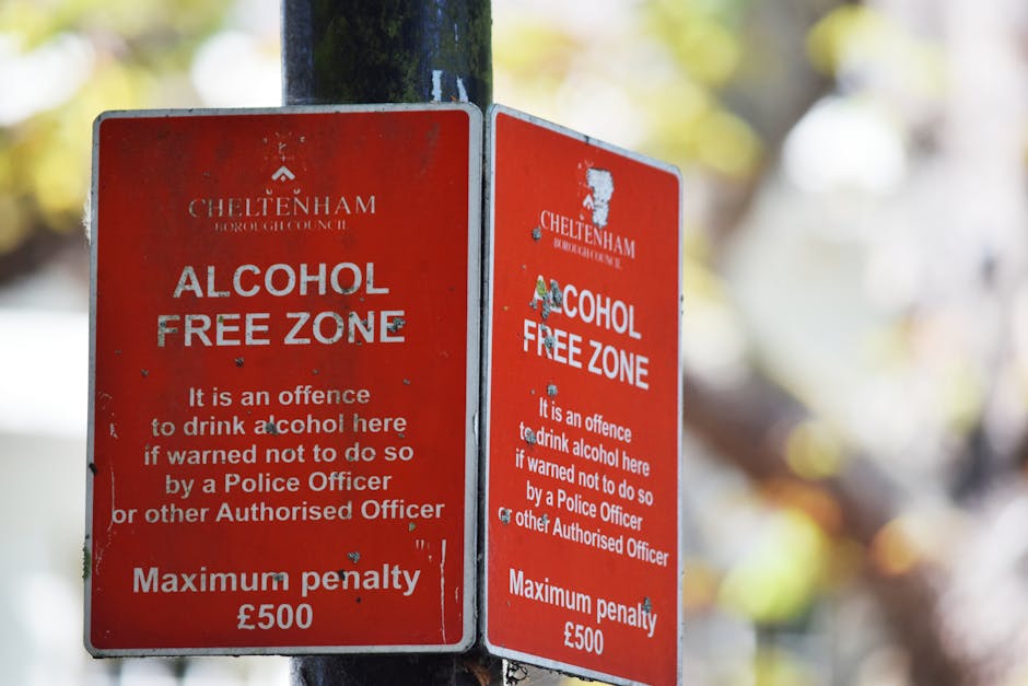 Two red Cheltenham Borough Council alcohol-free zone signs attached to a black metal pole, with one slightly overlapping the other. The signs feature white and gray text, stating that drinking alcohol