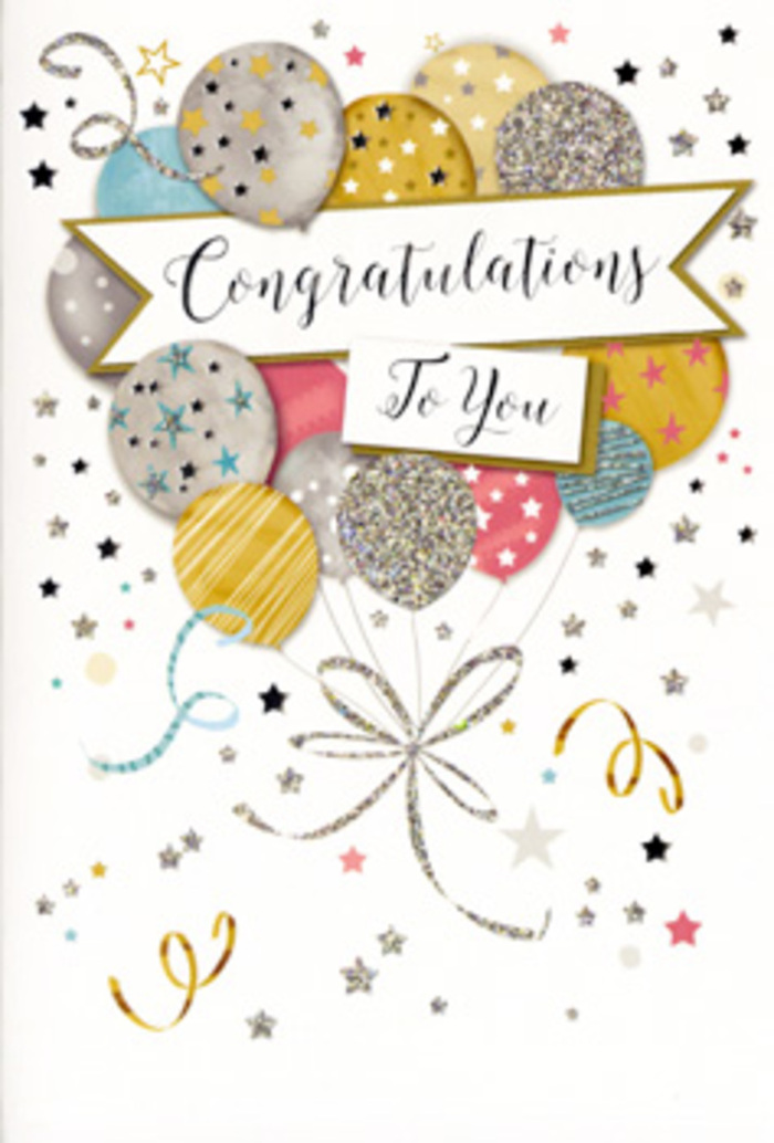 In this detailed congratulations card, a lush arrangement of illustrated balloons rises from the centre of the page, looking as if it could drift above the rooftops near Roundwood Park in Harlesden. The balloons are generously rounded and layered, painted in harmonious shades of warm gold, soft silver, champagne beige, sky blue, dusty pink, and a refined grey. Each one is delicately decorated: some feature scatterings of tiny metallic stars, others gleam with fine glitter textures, and a few are banded with subtle stripes that catch imagined light across their curves. The tethering ribbons below are slender and elegant, drawn in shimmering gold and silver lines that twist and curl with a calligraphic flourish, tying the composition together much as a satin bow gathers the stems of a hand-tied bouquet. Surrounding the balloon cluster is a soft, neutral background, sprinkled with tiny star motifs, confetti dots, and looping paper-streamer shapes, giving the impression of motion and the joyful chaos of celebration. Across the centre of the balloon bouquet, a gently unfurling banner carries a Congratulations To You style message in elegant, flowing script, the lettering refined yet warm, like a handwritten note slipped into flowers ordered for same-day delivery around NW10. The inked details suggest a mix of glossy and glittered finishes, almost tangible under the fingertips, offering a tactile richness similar to embossed wrapping on a luxury gift. As a florist familiar with the many milestones celebrated in Harlesden-exam results, new jobs, new homes-this card feels perfectly attuned to those luminous moments when pride and happiness fill a room. Visually, it pairs effortlessly with celebratory blooms, turning simple congratulations into a lasting memory.