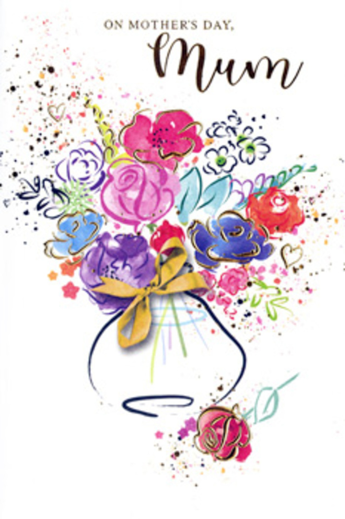 The Mother's Day card is designed as a vivid, floral artwork, as if a Harlesden florist had translated one of their favourite bouquets into flowing watercolour. Deep indigo lines trace the outer shapes of the petals, gently guiding the viewer's eye around an abundant cluster of bold cerise and hot pink blossoms. These central flowers seem to radiate from the middle of the card, surrounded by hazy touches of blue, soft lilac, and hints of warm apricot that blend and overlap in fluid layers. Each bloom is softened at the edges where the paint bleeds delicately into the surrounding white, creating a dreamy, almost fragrant effect. Fine accents of gold shimmer at the edges of petals and leaves, like tiny beams of sunlight flickering across freshly cut stems in a Harlesden flower shop. The bouquet sits in a simple vase whose outline is only lightly suggested, finished with a small golden bow that hints at thoughtful wrapping, the kind you'd expect when sending same-day flowers to a much-loved mum. Around the main bouquet, playful splatters of colour, heart motifs, and delicate dashes of pigment drift across the card, evoking movement and joy, as though petals were caught dancing in a gentle breeze. The overall composition balances spontaneity with intention, conveying the sense that every colour and stroke has been chosen to express gratitude and affection. It feels like a painted embrace, a lasting paper bouquet that celebrates the special connection between mother and child in Harlesden and beyond.