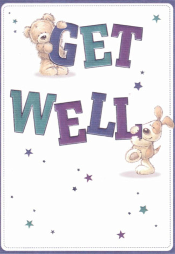 A celebration of encouragement gently unfolds in this illustrated get well card, where a sweet brown bear and his floppy-eared puppy companion unite to spread kindness beneath Harlesden's open skies. The joyful dance of starbursts, rendered in playful blues and purples, brings a hint of wonder reminiscent of twilight above the rooftops on Harlesden Gardens. The greeting itself, 'Get Well,' is expressed in exuberant, oversized lettering-its saturated indigos and aquas radiating positivity and reassurance. Textural details offer a tactile sense of comfort: the bear's downy fur and the puppy's silken ears appear almost huggable, inviting warmth and solace, much like a freshly delivered bouquet arriving at a doorstep just off High Street. The card's composition is airy and bright, set against a crisp cream background, creating an uplifting, serene mood that makes space for hope to blossom. Imagining this card gifted alongside a lovingly crafted arrangement from Flowers Harlesden, there's a sense of joining tradition and heartfelt care, perfect for helping a neighbour's spirits rise and letting them know that, here in Harlesden, even small gestures carry great meaning.