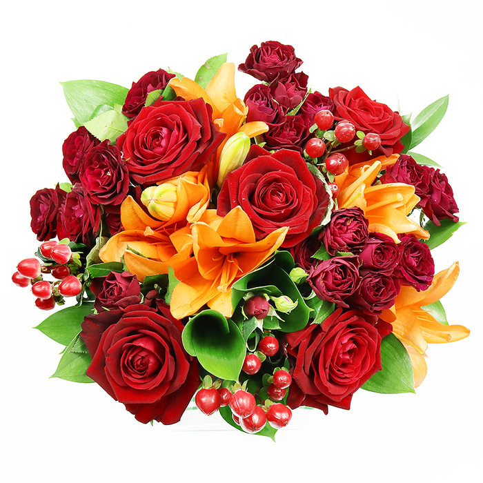 Captured from above on a spotless white backdrop, this round, opulent bouquet reads like a small painting of warmth and abundance. Centered among the composition are several large, fully bloomed deep red roses whose soft, velvety petals unfurl in concentric layers, each fold catching a subtle, satin sheen that speaks of classic romance and depth. Woven between those roses are vivid orange Asiatic lilies - their trumpet forms and visible stamens providing bright, architectural bursts of colour; some lilies are in full theatrical bloom, others hold a quieter promise as buds beginning to open. Complementing these main flowers are dense clusters of dark burgundy spray roses whose miniature heads pack colour and texture into tight, luxurious pockets across the surface of the arrangement. Here and there, glossy hypericum berries in a cheerful ruby-red sit like small ornaments, offering reflective highlights and a firm, rounded texture against the soft petals. Broad green foliage, probably ruscus or salal, emerges between the flowers, its cool, glossy leaves creating negative space and structural rhythm that lets each blossom read clearly. The overall light is soft and even, chosen to reveal petal veining and the lilies' subtle speckling while avoiding stark shadows. This bouquet feels suited to moments of affection and celebration - an anniversary gift, a thoughtful surprise, or a warm centrepiece - and as a Harlesden florist I can imagine it brightening a mantelpiece in a terrace home off Station Road or arriving as an uplifting delivery to a neighbour near Craven Park.