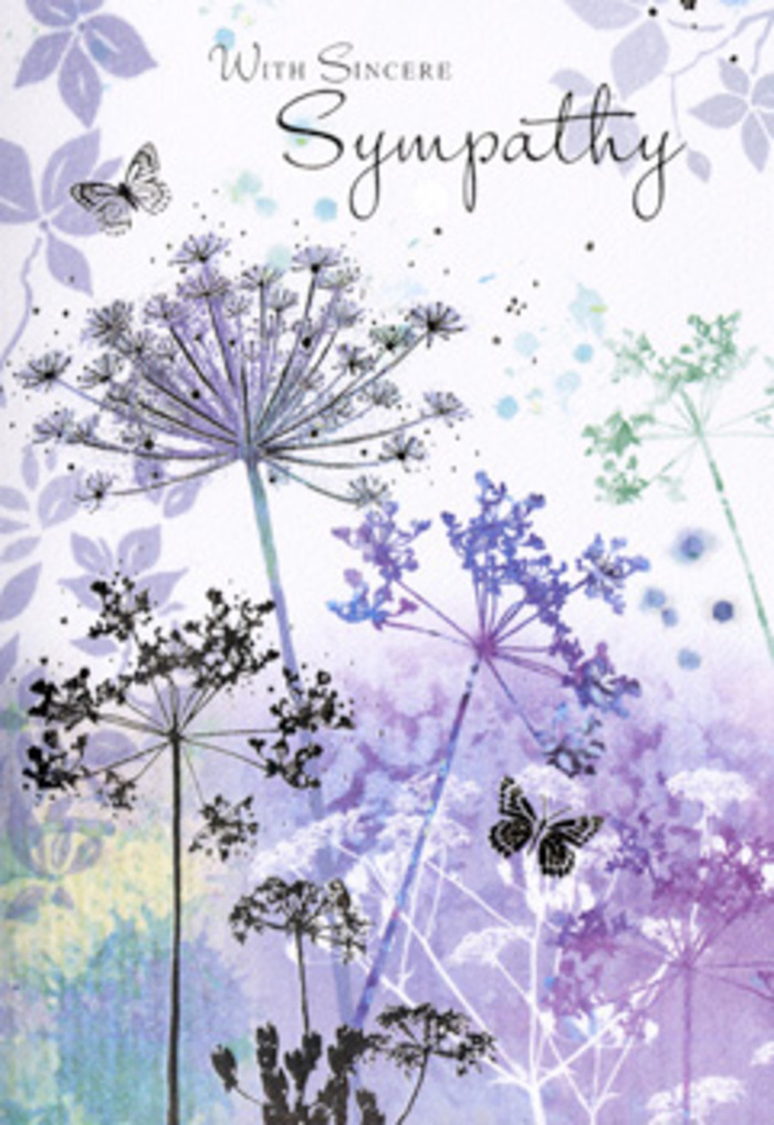 The design on this sympathy card has the contemplative calm of an early-morning stroll through the quieter streets of Harlesden, when everything feels hushed and tender. Tall, slim wildflower stems rise gracefully across the card, each crowned with feathery clusters of umbelliferous blooms. Their outlines are delicate and precise, yet softened by the watery blending of colour-lavenders, dusty violets, pale indigos, and whispers of blue that fade into silvery greens. The background melts from one cool tone to another, like fog slowly lifting over nearby open spaces, leaving just enough detail to suggest a meadow without pinning it to any particular place. Above the fragile petals, butterflies hover with wings rendered in faint veils of colour, more suggestion than solid form. They give the impression of movement and gentle transition, embodying that quiet shift from loss toward remembrance that so many families around Harlesden experience together. The overall light feels diffused, as if coming through a sheer curtain, casting no strong shadows-only a gentle glow that rests on the flowers and softens every edge. From a florist's eye, the composition is beautifully balanced: tall, vertical stems draw the gaze upward, while the misty background anchors the scene in calm. This is the sort of card we might pair with a simple, elegant tribute arrangement, offering not just sympathy but a moment of peaceful reflection for someone mourning a loved one.