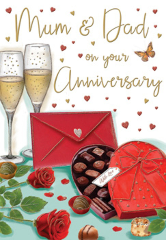 The image on this anniversary card depicts a richly romantic still life that could easily sit on a dining table in a Harlesden home, ready for an evening celebration. At the heart of the illustration, two tall champagne flutes stand close together, subtly angled toward each other as though in mid-toast, their transparent glass catching soft light while golden bubbles drift upward in each glass, capturing a moment of quiet happiness between long-time partners. In front of them, a luxurious heart-shaped box of chocolates is shown partially open, its deep red base cradling a carefully arranged selection of truffles. The lid is decorated with an opulent scarlet bow tied in generous loops, the satin-like texture suggested by highlights and gentle shading, reminiscent of the refined gift wrapping often requested from local Harlesden florists for special anniversaries. Nearby, two red roses lie across the table surface, richly coloured in shades of crimson with velvety, tightly layered petals and fresh, glossy green leaves that give a sense of freshly cut stems, as if they have just arrived from a same-day delivery in NW10. A few chocolates have rolled out beside them, adding a relaxed, intimate charm to the setting. In the softly glowing background, gold and crimson hearts float with a light, airy motion, surrounding a hand-lettered Mum & Dad greeting that immediately identifies this as a card meant to celebrate parents and their shared years together. A vivid red envelope, neatly sealed and placed at an angle, hints at a personal note or loving message waiting inside. The colour palette is dominated by warm reds, burnished gold, and gentle cream tones, creating an atmosphere of indulgence, gratitude, and the enduring affection that makes family anniversaries across Harlesden feel so meaningful.