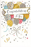 This congratulations card is illustrated as a joyful gathering of balloons floating in the centre, as if rising above a small party in a Harlesden living room on a bright afternoon. The balloons are plump and overlapping, rendered in a refined palette of gold, silver, champagne, pale blue, blush pink, and soft grey, each one distinct in its pattern. Some shimmer with fine, dusted glitter; others are printed with clusters of dainty stars; a few are dressed in elegant metallic stripes that curve gracefully around their rounded shapes. Fine, curling strings in gold and silver trail from the base of the balloon cluster, looping together with playful energy, like ribbon tails tied around the handle of a bouquet delivered from a nearby florist. The background is a soft, almost creamy white, scattered with twinkling stars, looping ribbon motifs, and little flecks of confetti that appear to dance around the balloons, suggesting movement and the lively spirit of a celebration near Harlesden's bustling High Street. A beautifully shaped banner crosses the heart of the design, its edges gently curled, bearing a Congratulations To You sentiment in flowing, elegant calligraphy that conveys warmth and sincerity. The print suggests subtle textures-raised glitter highlights and glossy ink-that you can almost feel beneath your fingertips, similar to the finishing touches on a luxury greetings tag. The overall impression is of lightness, glamour, and heartfelt joy, the kind of card you would pair with fresh flowers for graduations, promotions, or any proud achievement celebrated across NW10. It visually captures that uplifting moment when success is recognised and shared with genuine delight.