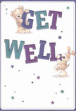 Radiating a sense of playful optimism, this get well card features two endearing characters-a golden-brown teddy bear and a floppy-eared puppy-springing joyfully from the design, as if they'd just bounded out of a Harlesden garden full of laughter. Both are engaged in a gentle balancing act, holding and supporting bold, colourful block letters that spell out 'Get Well' in lush hues of indigo and teal. The background is softly luminous, reminiscent of the tranquil light across Roundwood Park after a gentle rain, providing an inviting contrast that highlights the positivity of the scene. Scattered throughout are whimsical stars in an array of purples and deep blues, each one a bright little note of hope for the recipient. The bear's plush coat and the puppy's velvety ears are rendered with such warmth and texture, you can almost imagine the comfort of their hug-much like the embrace of a comforting bouquet from a local Harlesden florist. This card offers more than words: it brings an emotional balm, suffused with the kind of caring sentiment that makes recovery in Harlesden's supportive community a little bit lighter and a great deal brighter.