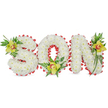 A tender, three-dimensional floral tribute spells out the word SON in capital block letters, each letter sculpted from hundreds of small, pristine white chrysanthemum blooms that form a soft, cloud-like surface. The letters sit against a plain white background, the lighting even and gentle so every petal and shadow is clearly visible, emphasizing the arrangement's calm dignity. Tracing the outer edges and the inner curve of the O is a continuous scalloped band of vivid red ribbon, folded and looped like tiny waves to create a bold, loving contrast against the pure white flowers. Each letter is further accented with a cluster of lime-green Cymbidium orchids; one nestles into the upper left curve of the S, another cradles the base of the O, and a third is tucked into the upper right of the N. The orchids show delicate pale orange to reddish-brown markings in their throats and a glossy, waxy texture that catches the light, while surrounding fern fronds and long green leaves add height, movement, and a natural softness to the composition. The overall effect reads as both reverent and intimate: purity from the white chrysanthemums, warmth and remembrance from the red ribbon, and personal attachment signalled by the orchid accents. This design is crafted with the careful touch of a funeral tribute, suited to graveside display or a memorial service, intended to honour a beloved son with clarity and grace. The arrangement conveys quiet sorrow and enduring love without needing words, a visual eulogy shaped in flowers and foliage.