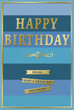 The image shows a sophisticated birthday card that blends calm blue tones with luxurious gold detail, as if it has just been set down on a coffee table in a Harlesden flat after being opened. The card front is composed of wide horizontal stripes, moving steadily from dark midnight blue at the top to softer teal and pale sky near the base, forming a smooth gradient reminiscent of dusk light fading over Roundwood Park. Centred against this tranquil background, HAPPY BIRTHDAY is stamped in generous gold block letters, each one embossed so it stands subtly proud from the surface. The foil has a gentle shimmer, glinting like sunlight on the windows along Craven Park Road. Beneath the main greeting, a decorative golden flourish curls in a balanced, symmetrical shape, lending the piece a hint of vintage refinement. Below this flourish, three slim gold banners sit stacked neatly, each ribbon carrying a part of the phrase Relax, have a great day and enjoy! The type is tidy and clear, expressing warmth without fuss. A delicate gold border outlines the whole card, drawing the eye inward and giving a feeling of structure and care. The card stock looks thick and smooth, with a matte finish that lets the metallic details stand out in quiet contrast. Overall, the design suggests unhurried celebration and thoughtful intention-a perfect birthday card to accompany a fresh bouquet delivered locally in Harlesden, offering not only good wishes but also a gentle reminder to slow down and savour the day.
