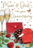This illustrated anniversary card shows a romantic arrangement that feels as cosy and heartfelt as a family celebration in Harlesden after picking up flowers on Craven Park Road. Two tall champagne flutes rise at the centre of the scene, their delicate stems and clear bowls filled with sparkling golden fizz, the bubbles drawn mid-rise to suggest the joyful pause before a toast. Resting in front of them is a heart-shaped box of chocolates, its rich red base and partially lifted lid revealing a selection of carefully shaded truffles, each nestled in its place like tiny treasures. A wide, sumptuous scarlet bow wraps around the lid, its folds and loops rendered with a satiny sheen, echoing the luxurious feel of a hand-tied bouquet. To one side, two red roses lie gracefully on the tabletop, petals lush and velvety in deep crimson tones, framed by fresh green foliage that mirrors the quality of freshly arranged stems from a Harlesden florist. A few chocolates spill casually beside the roses, suggesting relaxed, shared indulgence at the end of a special day. Above this scene, scattered gold and crimson hearts drift across a warm background, encircling a tender Mum & Dad inscription that anchors the card firmly as a tribute to parents and enduring love. Off to the side, a scarlet envelope, sealed with care, rests ready to be opened, hinting at an affectionate message handwritten for an anniversary in NW10. The whole composition glows with warm reds, soft golds, and subtle highlights, evoking the scent of roses, the taste of chocolate, and the comforting joy of raising a glass to another year together.